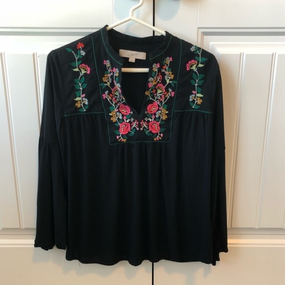 LOFT Tops - LOFT Black Embroidered Blouse with Bell Sleeves